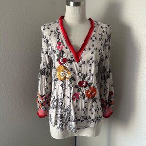 Anthropologie V Neck Long Dolman Sleeve Floral Embroidered Bohemian Sheer Ribbed